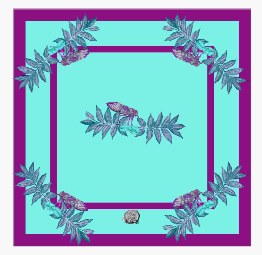 Light Turquoise squares stacked on magenta squares with magenta and blue cicadas on pecan leaves with pecan buds on a scarf design by Alexandra90210