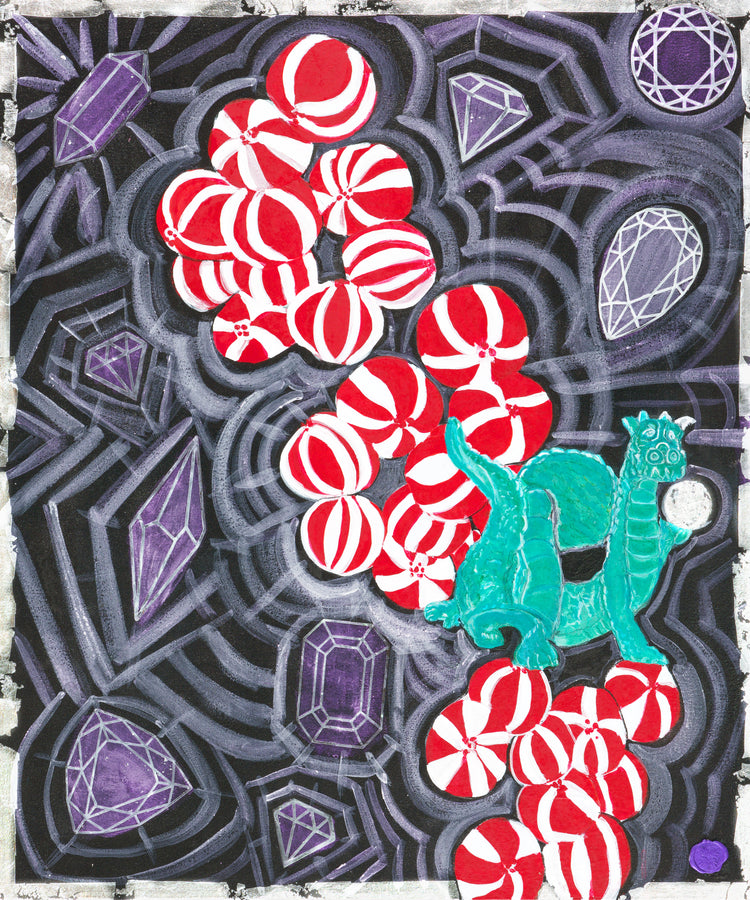 a pop art painting with crystals that look like vibrations coming from them surrounding a waterfall of peppermint bonbons and a crystal dragon. 