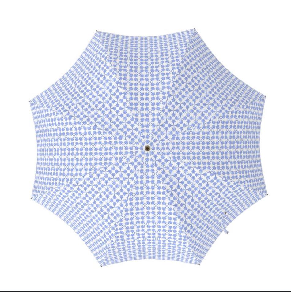 Overhead view of an open umbrella in Alexandra90210 Watteau blue logo