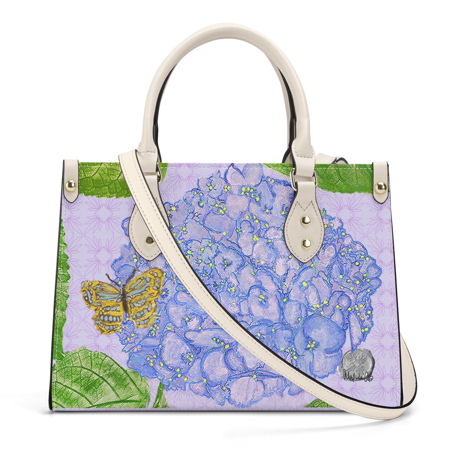 Blue Hydrangea on Light Orchid Quatrefoil Handbag