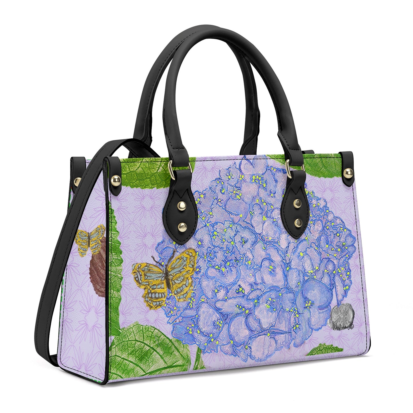 Blue Hydrangea on Light Orchid Quatrefoil Handbag