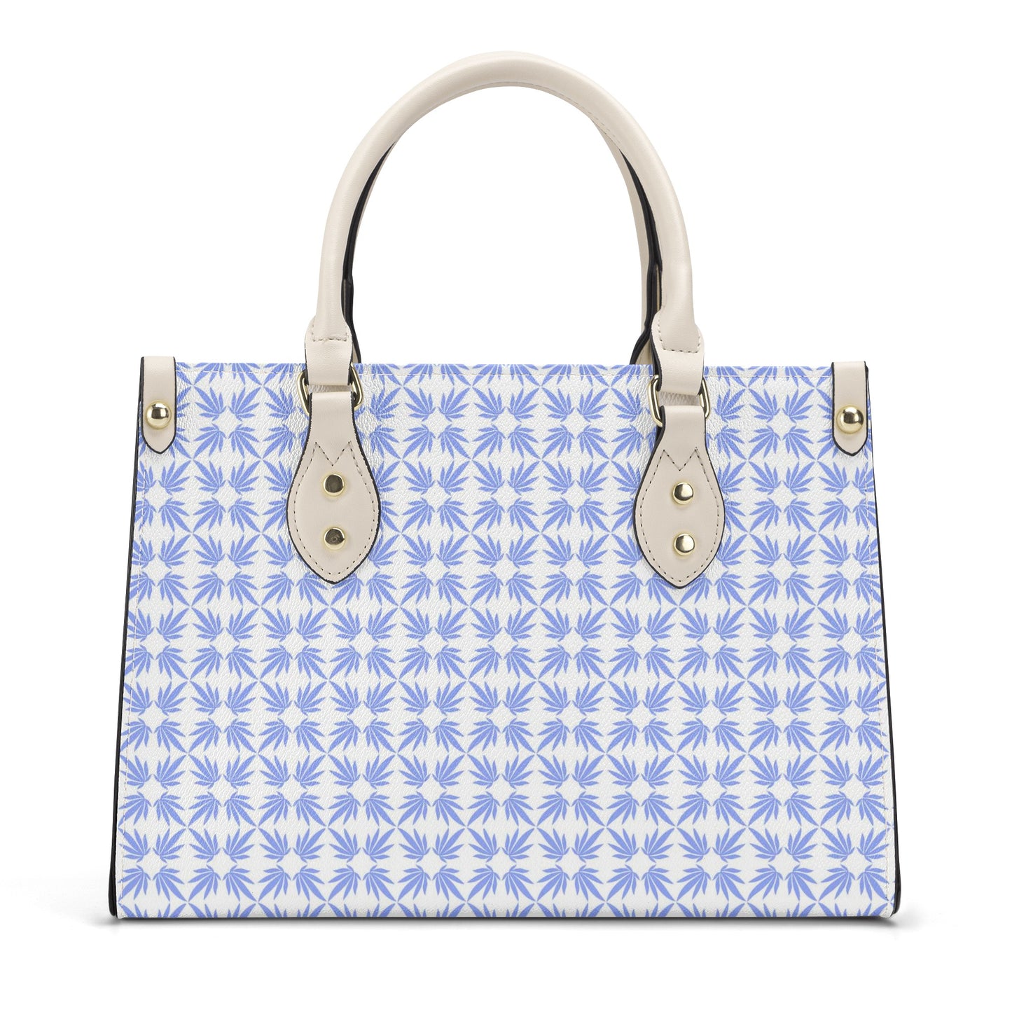 Quatrefoil Print On Vegan Leather Tote in Watteau Blue and Pouf Pink