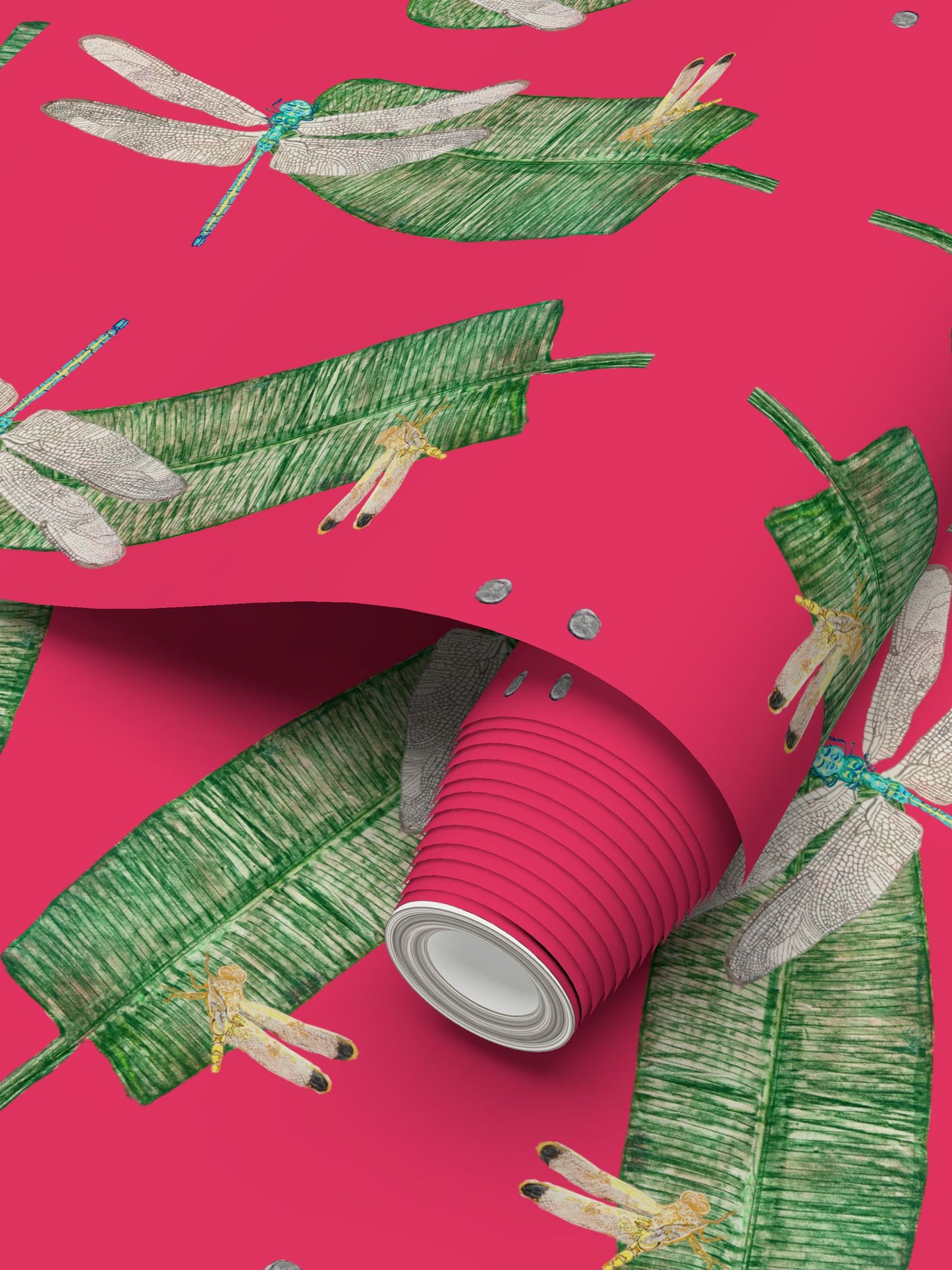 Dragonflies and Banana Leaves on Rouge Wallpaper