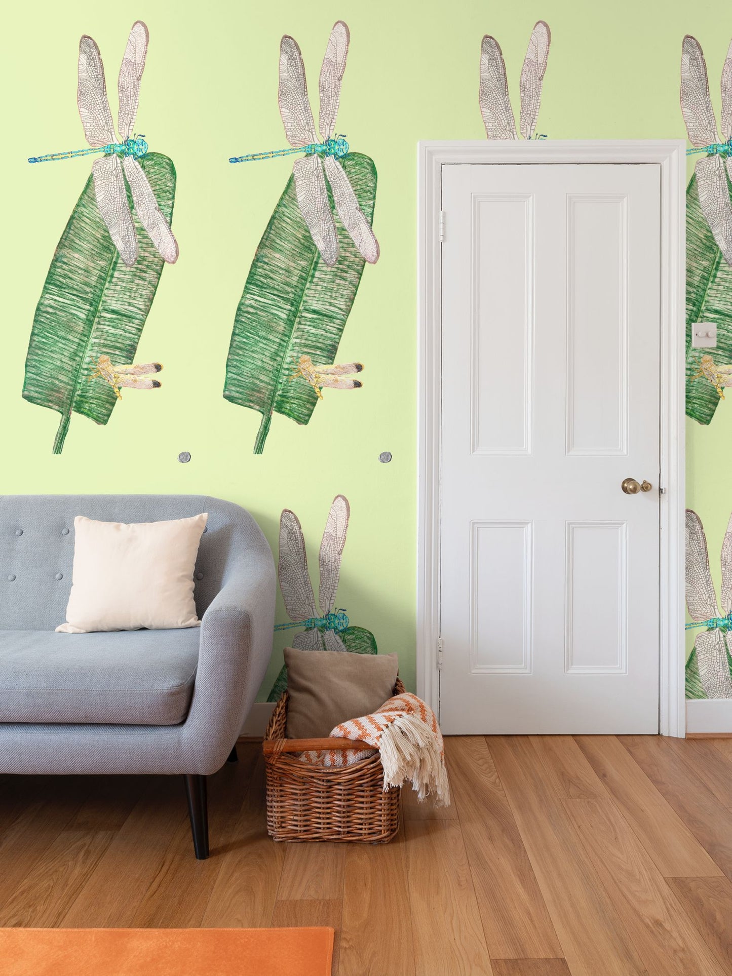 Dragonflies and Banana Leaves on Celadon Wallpaper