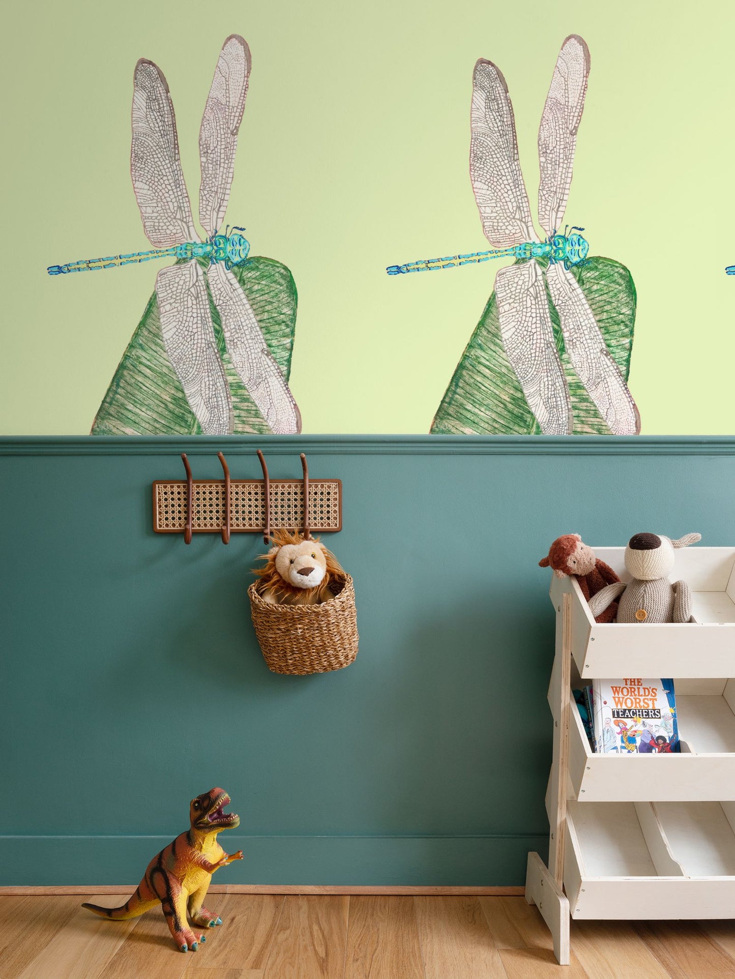 Dragonflies and Banana Leaves on Celadon Wallpaper