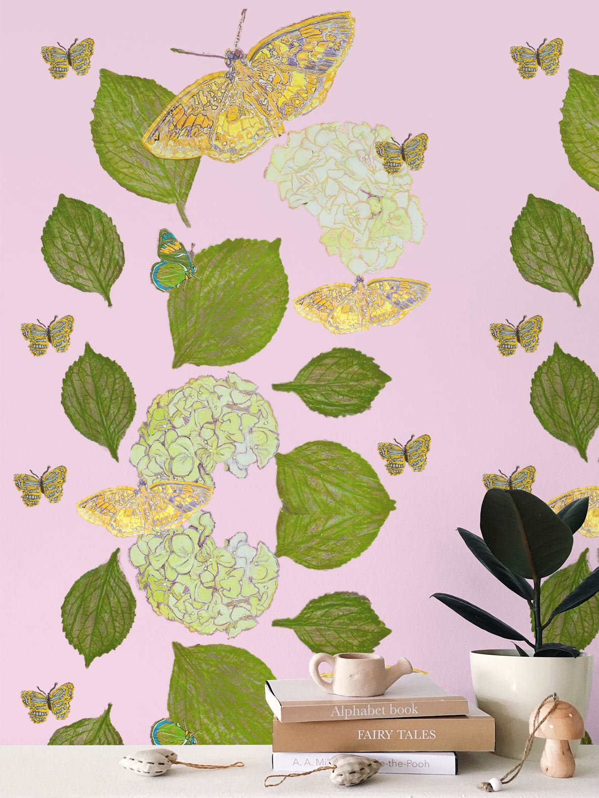 Hydrangea and Butterflies on Polo Pink Full Size