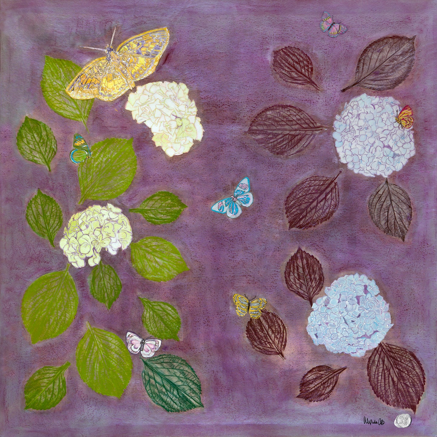 Hydrangea on Orchid with Butterflies Silk Scarf