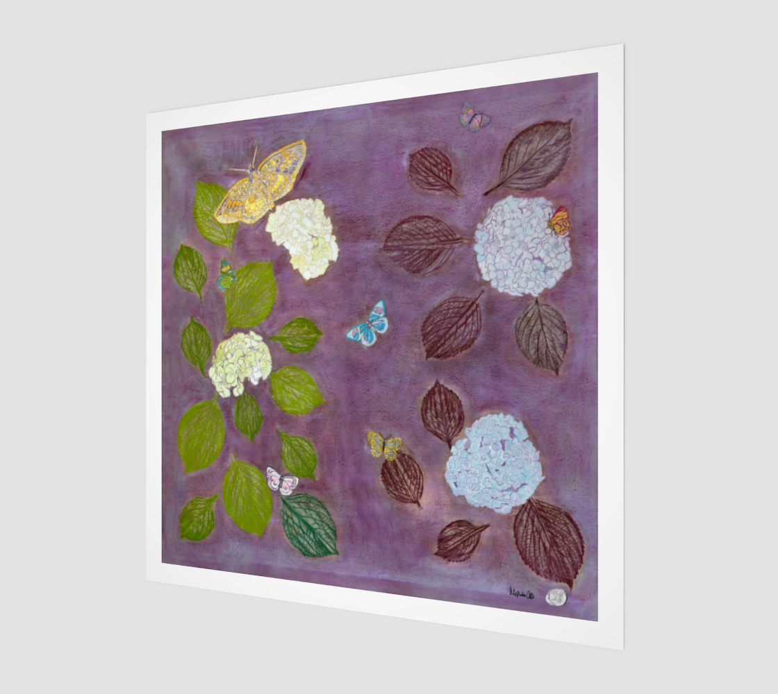 Hydrangea on Orchid with Butterflies Fine Art Print on Archival Paper