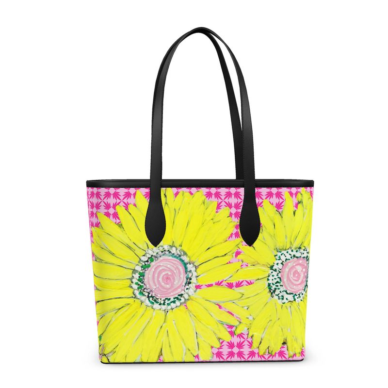 Yellow Gerbera on Neo Pink Leather Shopper Tote