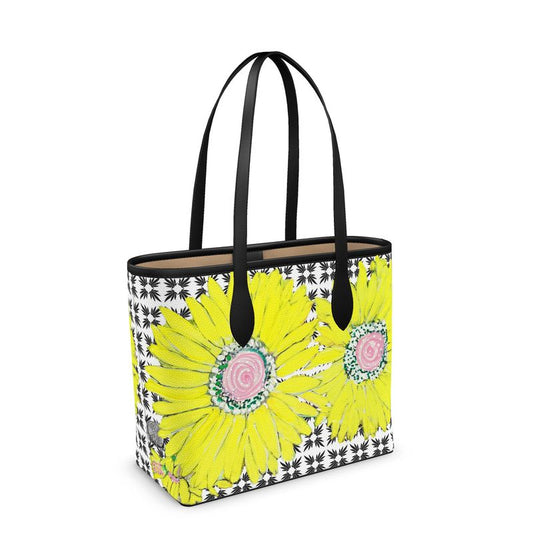 Yellow Gerbera on Black and White Leather Shopper Tote
