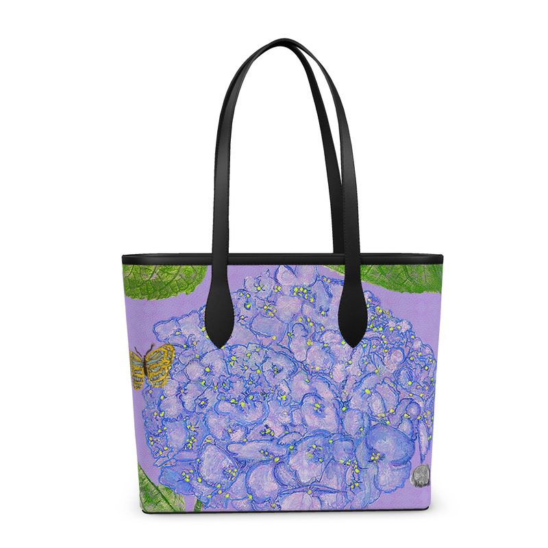 Hydrangea and Butterflies on Light Orchid Leather Shopper Tote