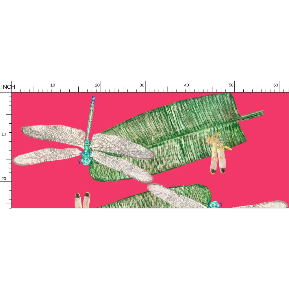 Dragonflies and Banana Leaf on Rouge Fabric by the Yard