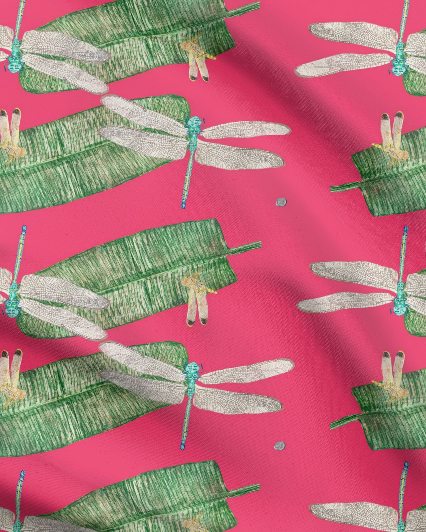Dragonflies and Banana Leaf on Rouge Fabric by the Yard