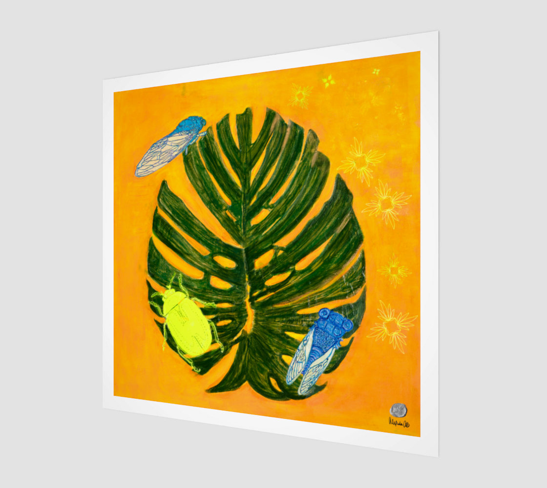 Cicadas and Junebugs on Monstera with Status Fine Art Print on Archival Paper