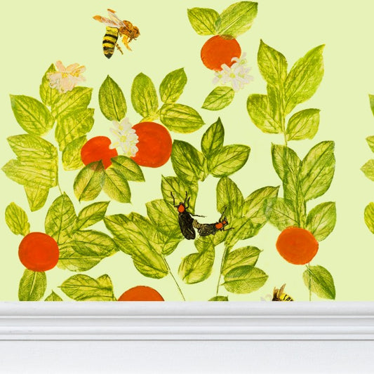 Citrus with Bees and Lovebugs on Green Tea Wallpaper