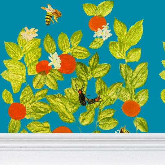 Citrus with Bees and Lovebugs on Dark Turquoise Wallpaper