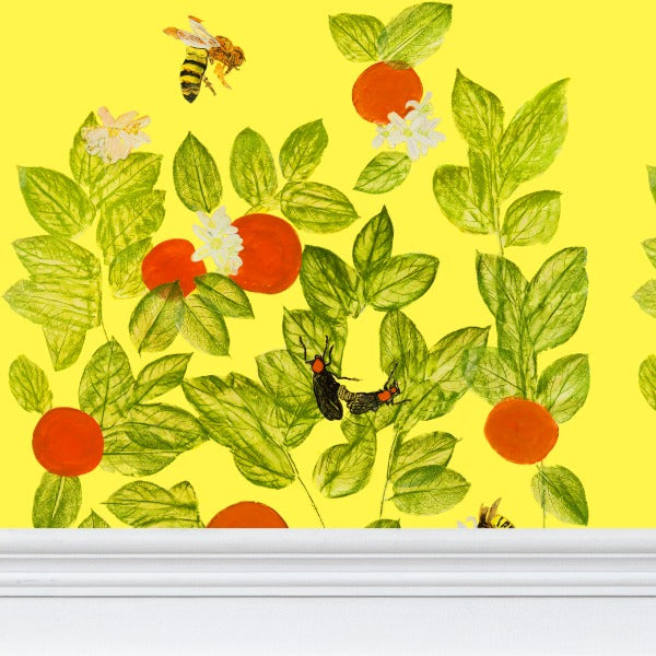 Citrus with Bees and Lovebugs on Lemon Chiffon Wallpaper