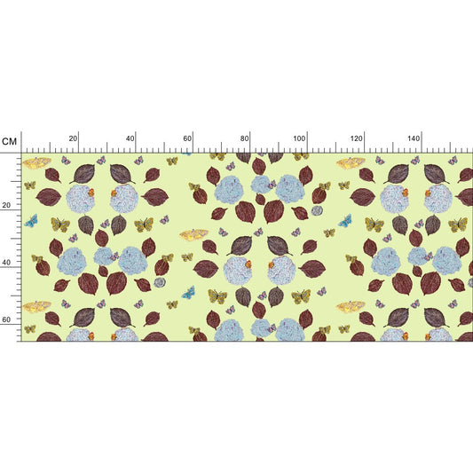 Hydrangea and Butterflies on Green Tea Fabric