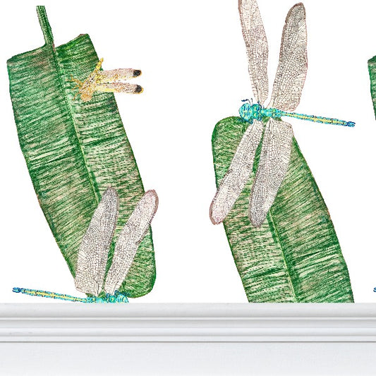 Dragonflies and Banana Leaves on Blanc Wallpaper