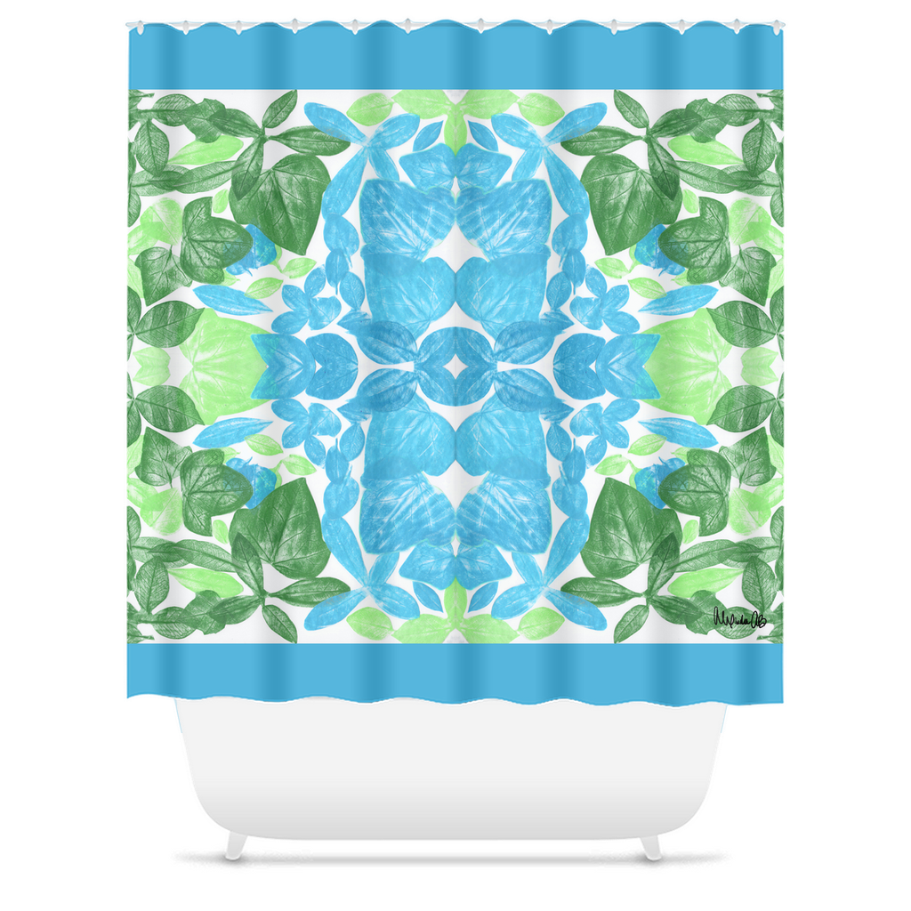    a claw foot bathtub with a shower curtain that has a blue and green leaf design by Alexandra90210