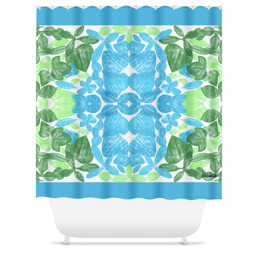    a claw foot bathtub with a shower curtain that has a blue and green leaf design by Alexandra90210